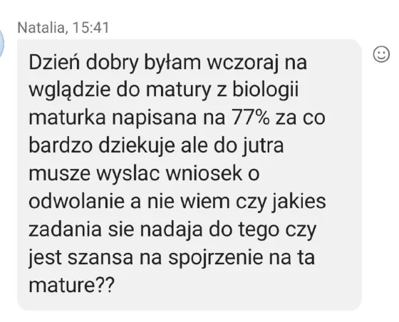 Wiadomość od ucznia po maturze z biologii z wynikiem egzaminu – opinia 8 z 14