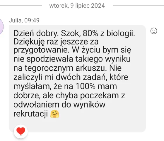 Wiadomość od ucznia po maturze z biologii z wynikiem egzaminu – opinia 9 z 14