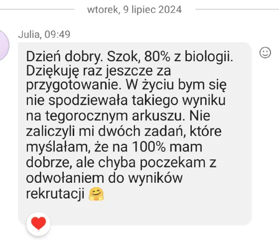 Wiadomość od ucznia po maturze z biologii z wynikiem egzaminu – opinia 12 z 14