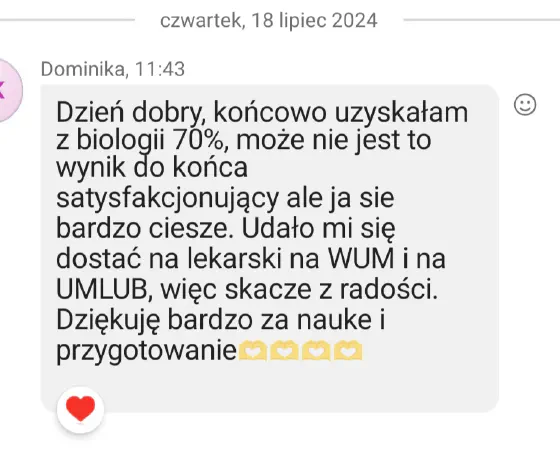 Wiadomość od ucznia po maturze z biologii z wynikiem egzaminu – opinia 13 z 14